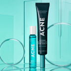 Mádara Acne Acute Spot Roll-on in a blue glass bottle with white closure next to a tube.