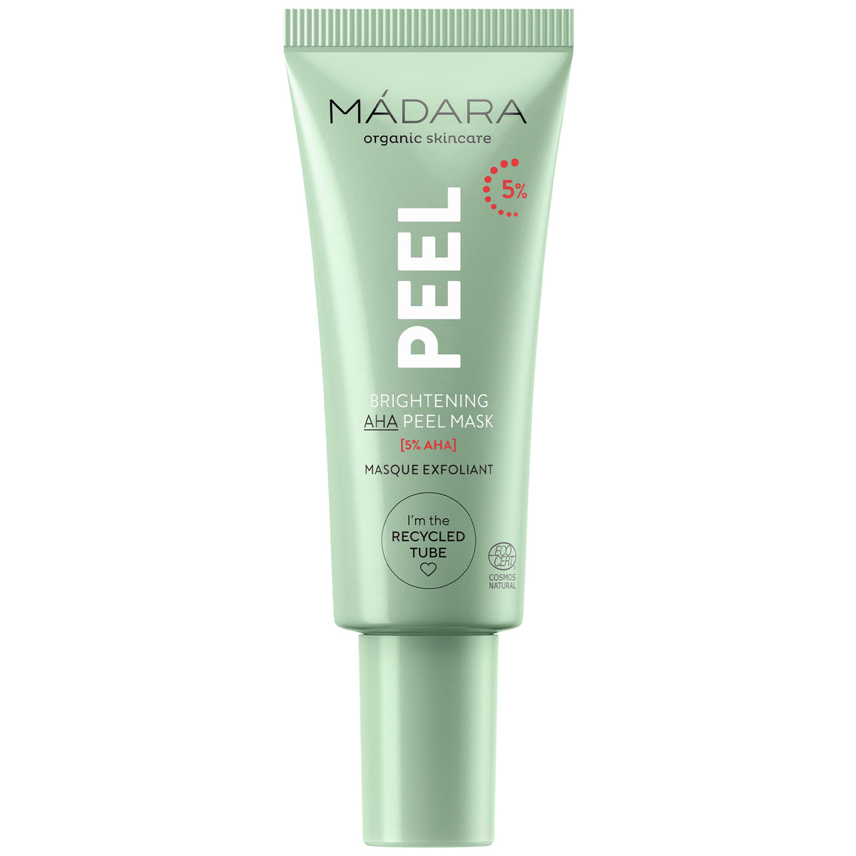 Mádara Peel Brightening AHA Mask, Gesichtsmaske in einer hellgrünen Tube mit Schraubverschluss.