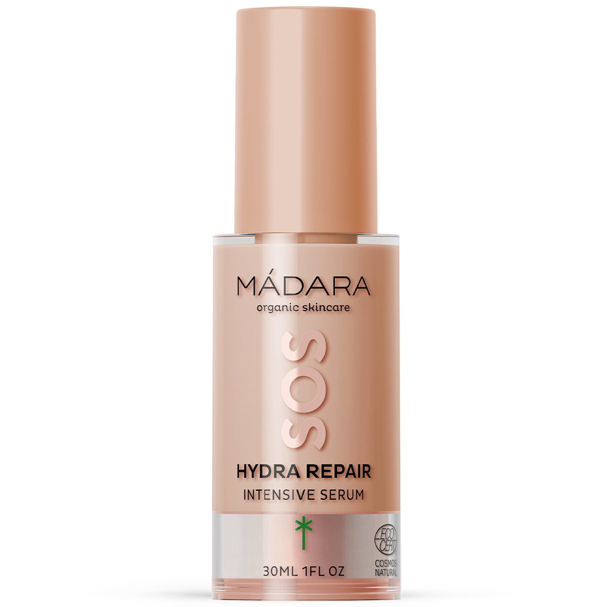 MÁDARA SOS Hydra Repair Intensive Serum in einer Flasche mit roséfarbenem Verschluss, 30 ml.