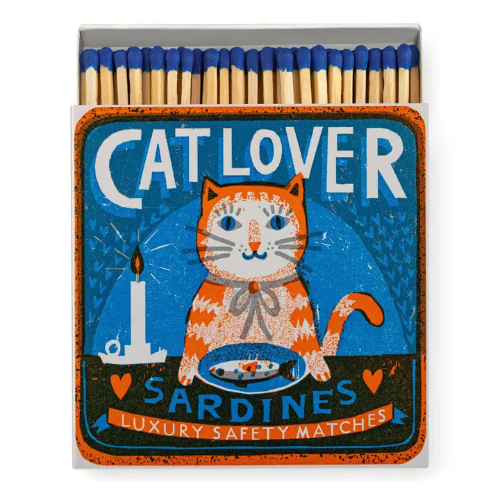 Catlover Streichhölzer – blaue Schachtel mit orangefarbenem Katzenmotiv, blauen Köpfen, weißem Hintergrund – Geschenkidee