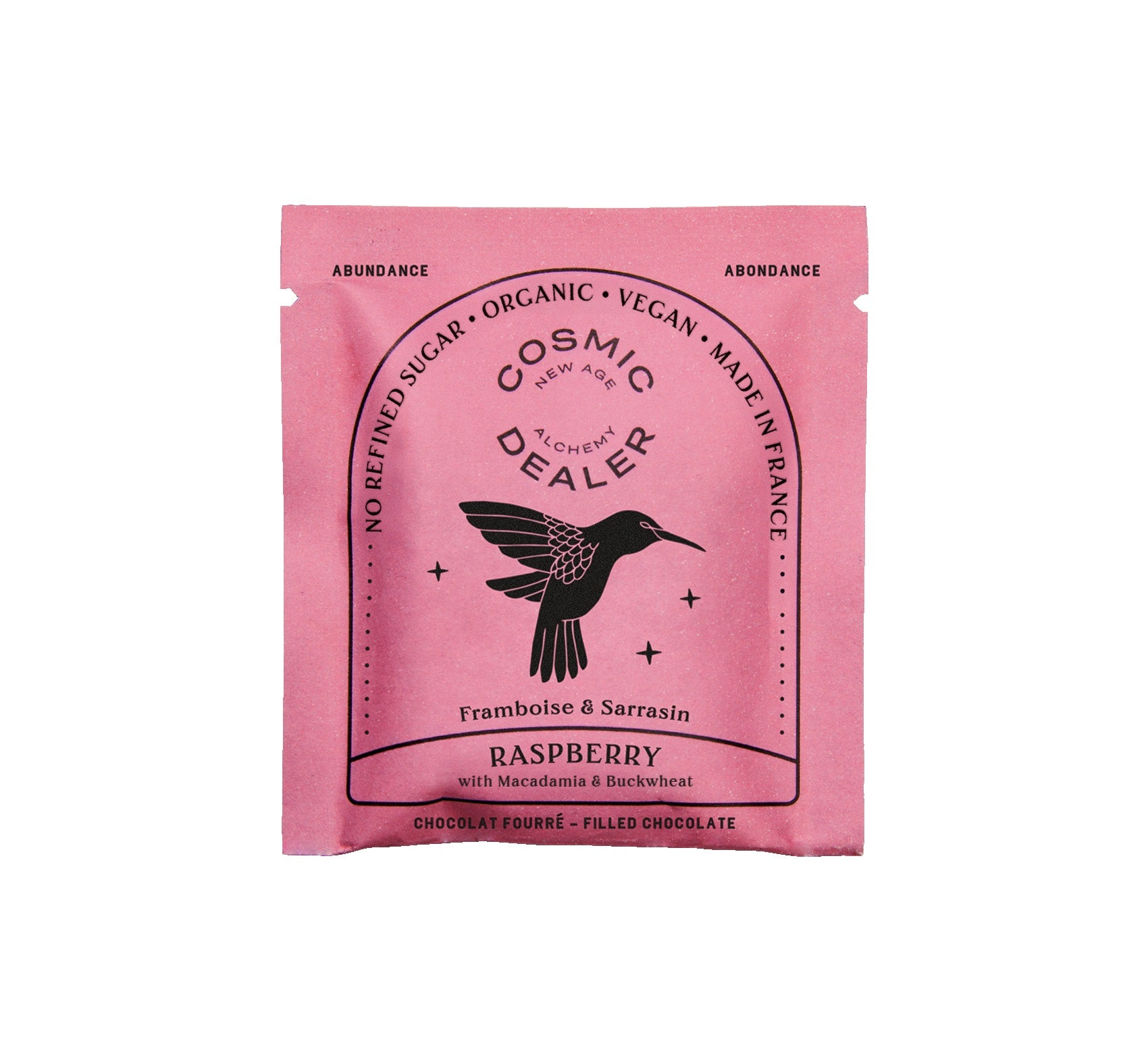 Cosmic Alchemy Dealer Himbeere mit Macadamia – rosa Einwegbeutel, weißer Hintergrund – vegane Schokolade