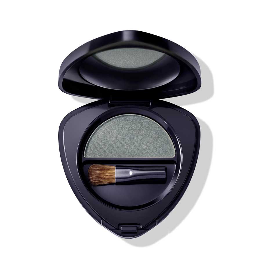 Eyeshadow 04 Verdelite – schwarze Dose mit grünem Lidschatten, integrierter Pinsel, weißer Hintergrund – Augenmake-up