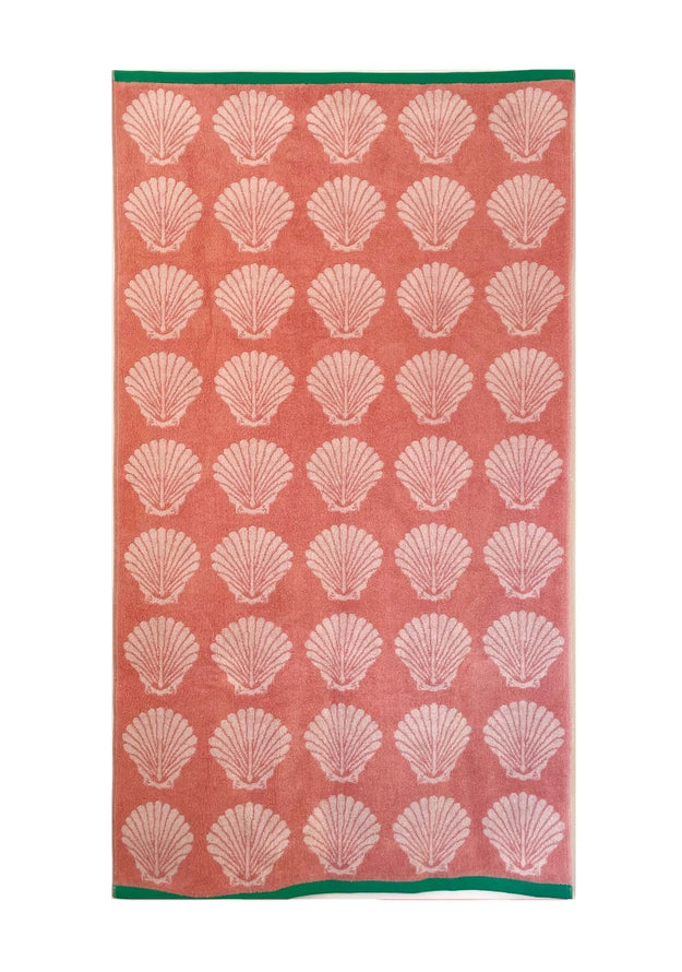 Shells Organic Cotton Bath Towel – coral with shell pattern, green border, white background – beach towel