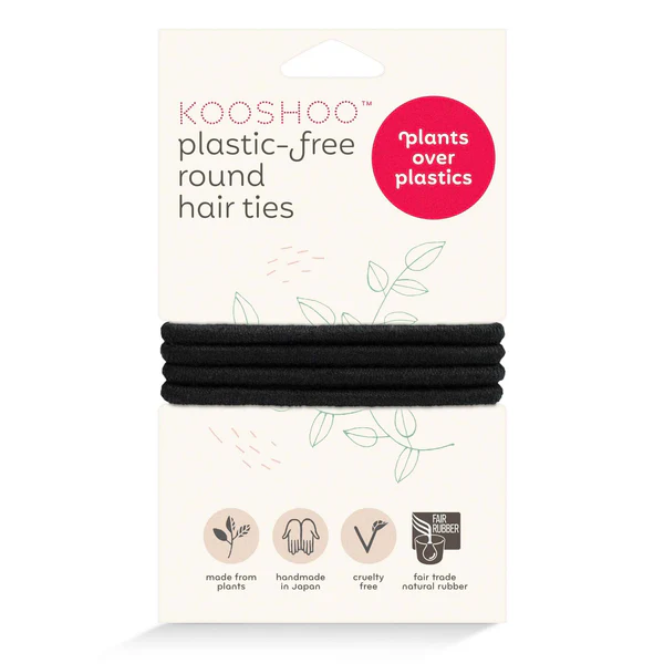 KOOSHOO plastic-free round hair ties – cream packaging, black ties, white background – hair care