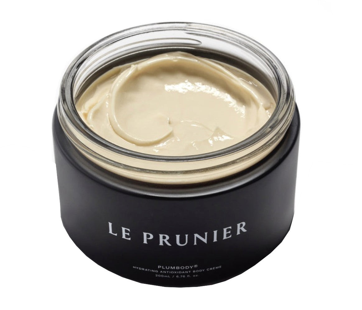 Le Prunier Plumbody Body Crème – schwarzer Glasbehälter 200ml, offener Deckel, weißer Hintergrund – Körperpflege