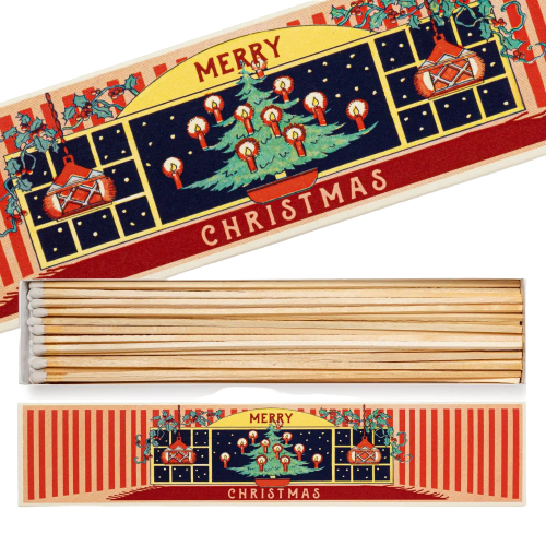 Merry Christmas matchbox – red and white stripes, Christmas tree design, wooden matches – decoration