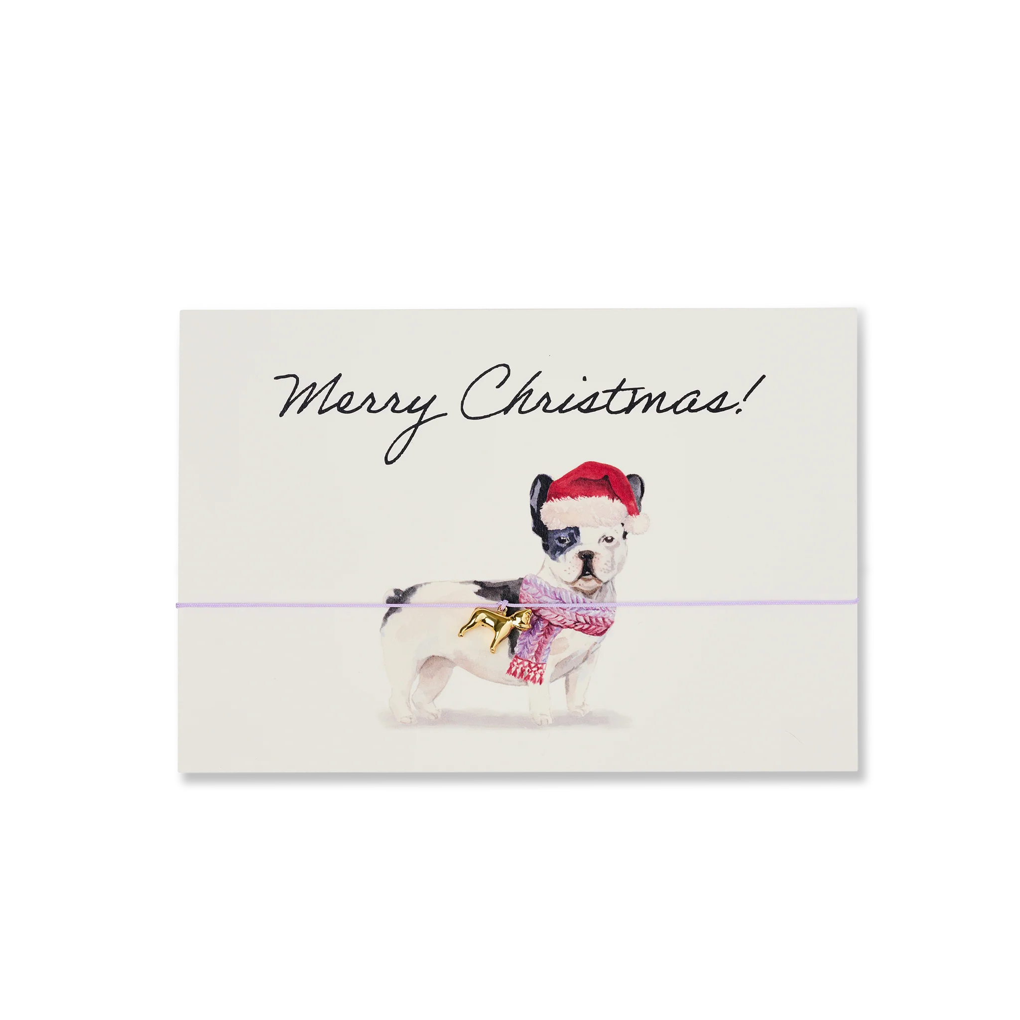 Merry Christmas Armband-Karte – cremefarbener Hintergrund, Illustration eines Hundes mit Weihnachtsmütze – Geschenkidee