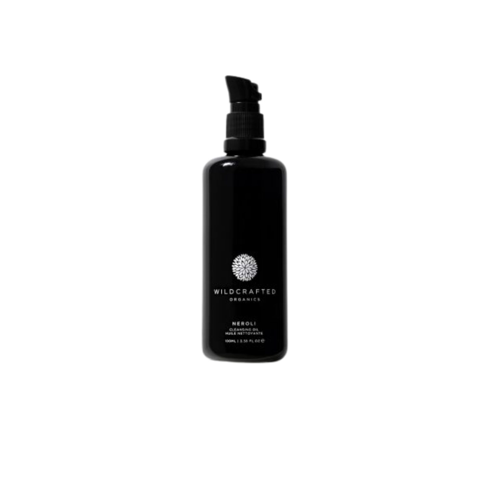 Wildcrafted Organics Neroli Reinigungsöl – schwarze Flasche 100ml mit Pumpverschluss, weißer Hintergrund – Hautpflege