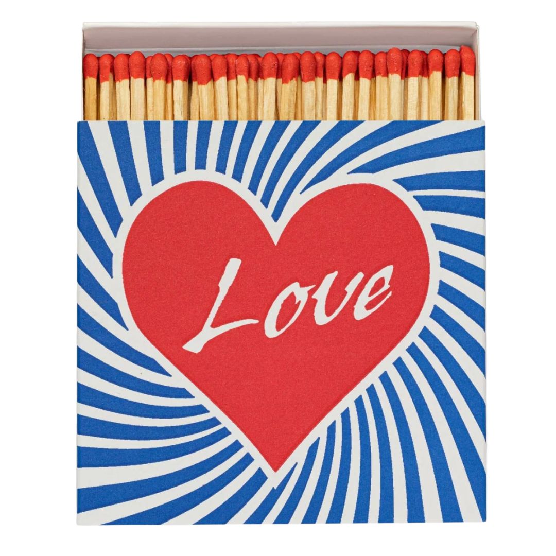 Love Matchbox – red heart, blue and white stripes, white background – decoration