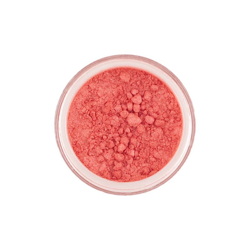 Mineral Eye Shadow La Fraise – rosafarbener Puder in durchsichtigem Glas, weißer Hintergrund – Augenmake-up
