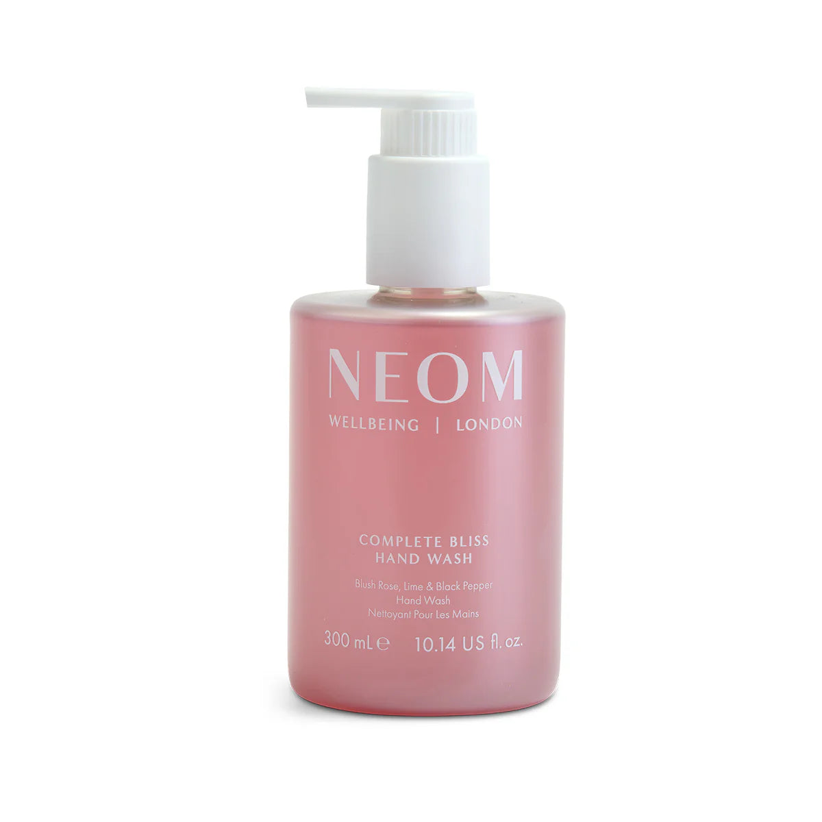 NEOM Complete Bliss Hand Wash – rosafarbene Flasche 300ml mit weißem Pumpverschluss, weißer Hintergrund – Handpflege