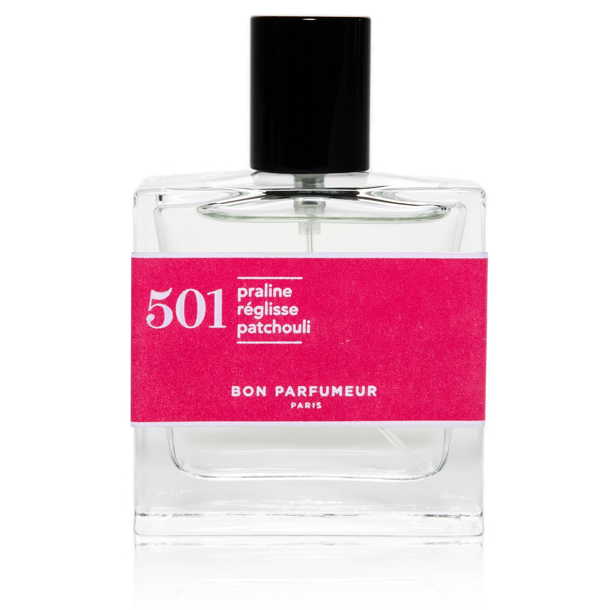 Bon Parfumeur 501 Praline – klares Glasfläschchen 30ml, schwarzer Verschluss, weißer Hintergrund – Parfüm