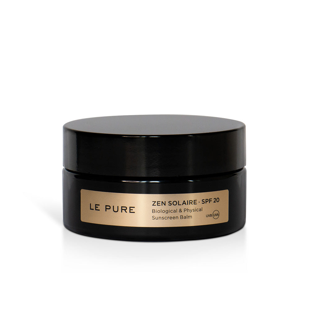 LE PURE Zen Solaire Sonnenbalsam SPF 20 – schwarzer Tiegel, goldene Beschriftung, weißer Hintergrund – Sonnenschutz
