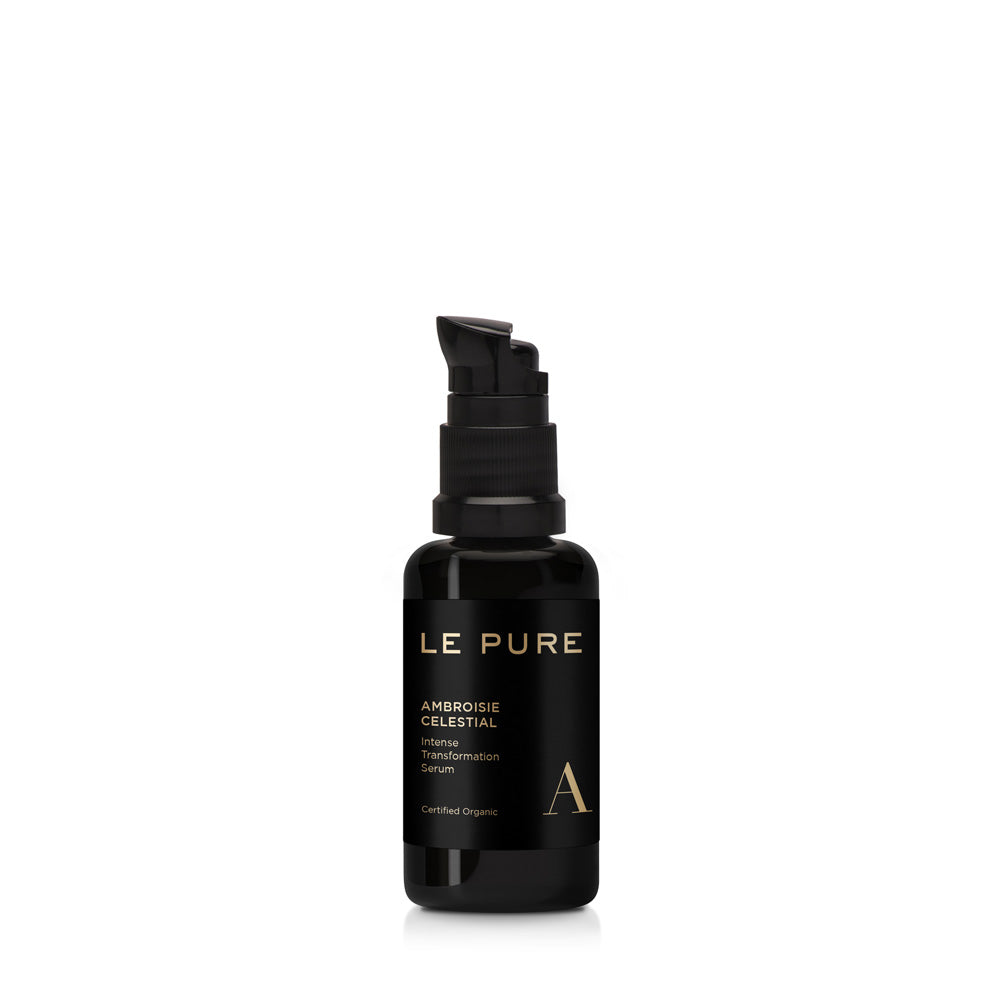 Le Pure Ambroisie Celestial – schwarze Glasflasche 30ml mit Pumpverschluss, weißer Hintergrund – Serum