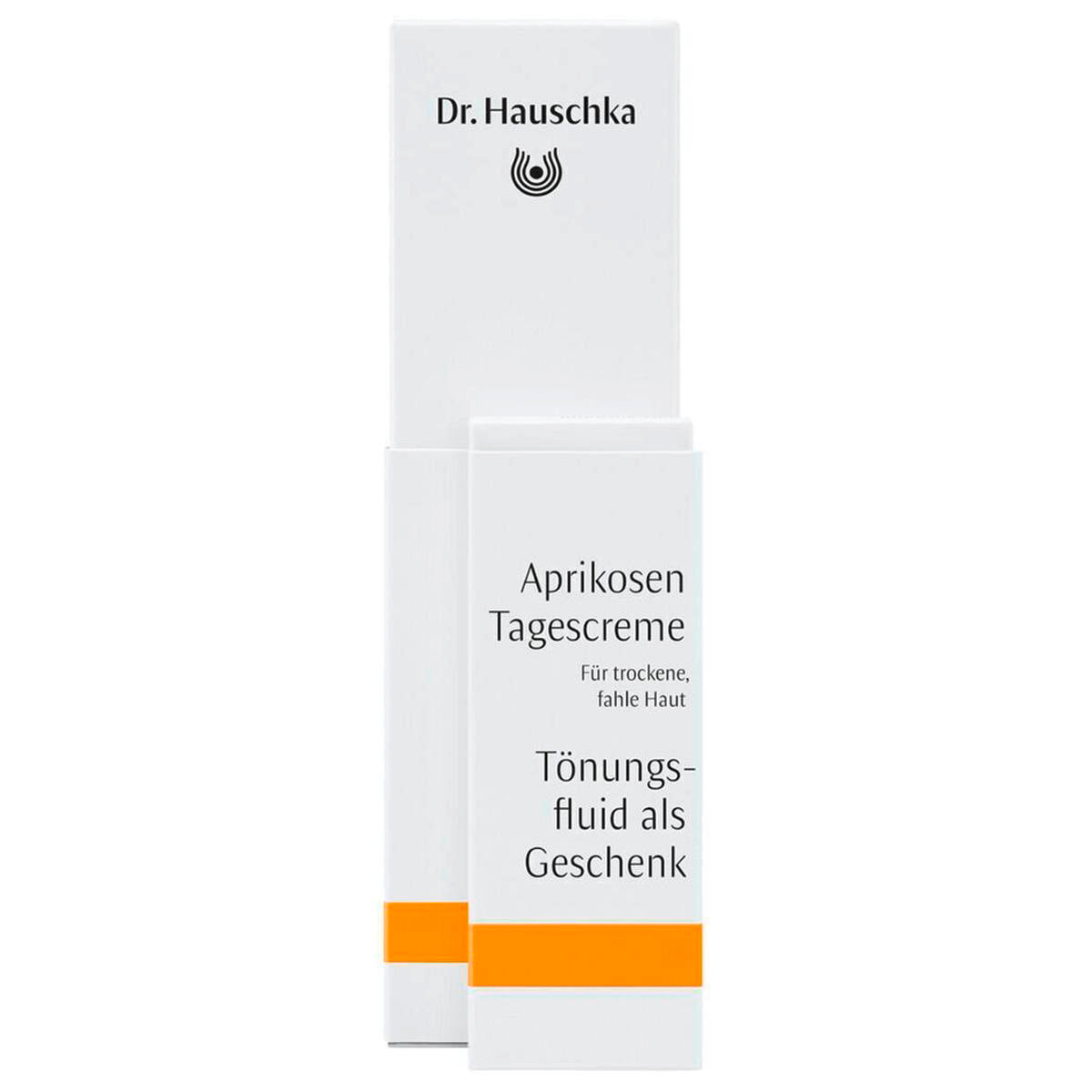 Dr. Hauschka Aprikosen Tagescreme – weiße Kartonverpackung mit orangefarbenem Streifen, weißer Hintergrund – Hautpflege