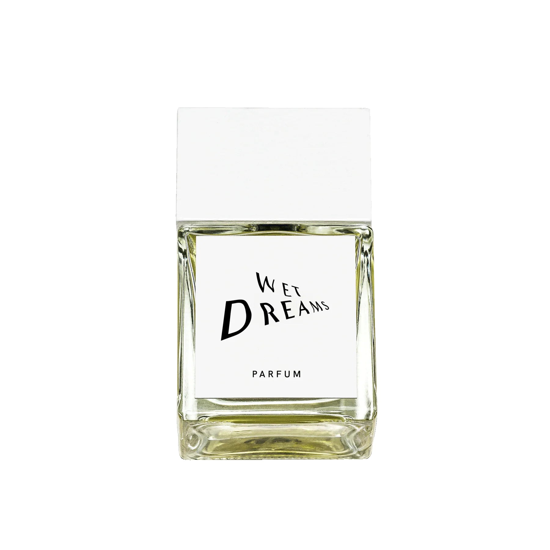 Wet Dreams Parfum – quadratische Glasflasche 50ml, weißer Deckel, weißer Hintergrund – Parfüm