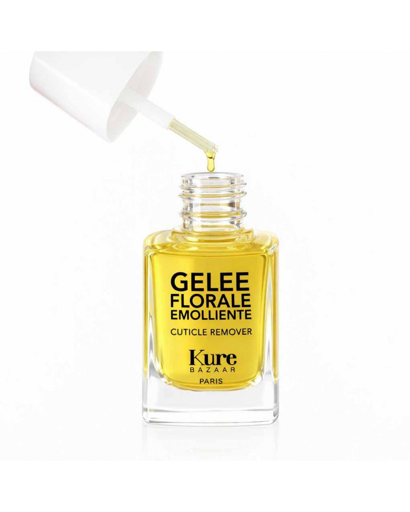Kure Bazaar Gelee Florale Emolliente – klares Glasfläschchen mit Pipette, gelbe Flüssigkeit, weißer Hintergrund – Nagelpflege