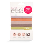 KOO SHOO Plastic Free Flat Hair Ties Bright Spark – white cardboard pack with colorful hair ties, white background – hair care