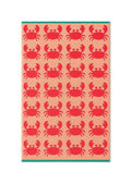 Crabs Organic Cotton Bath Towel – pink with red crabs, teal border, white background – bathroom