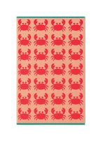 Crabs Organic Cotton Bath Towel – pink with red crabs, teal border, white background – bathroom
