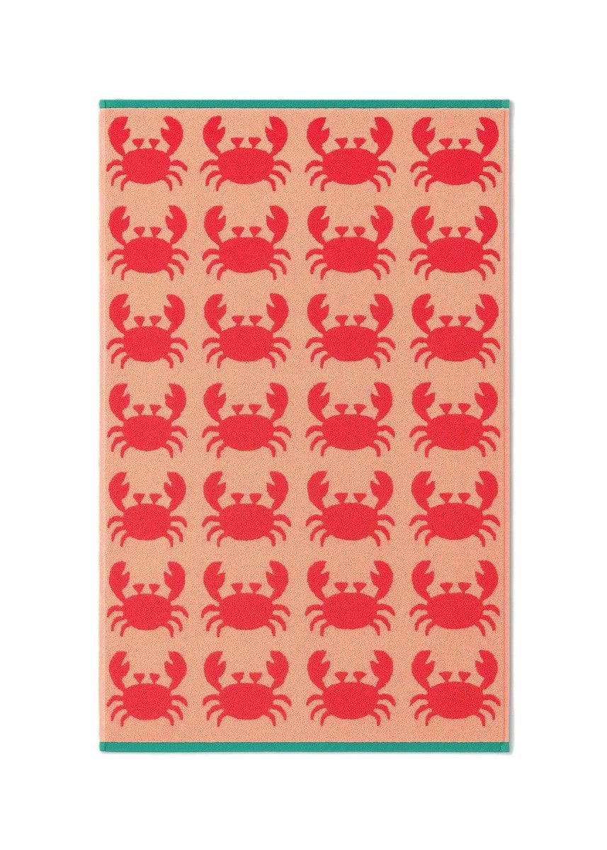 Crabs Cotton Handtuch – rosa mit roten Krabben, grüner Rand, weißer Hintergrund – Bademode