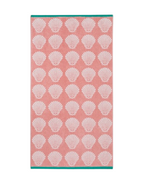 Shells Organic Cotton Beach Towel – pink towel with shell pattern, teal border, white background – beach accessories