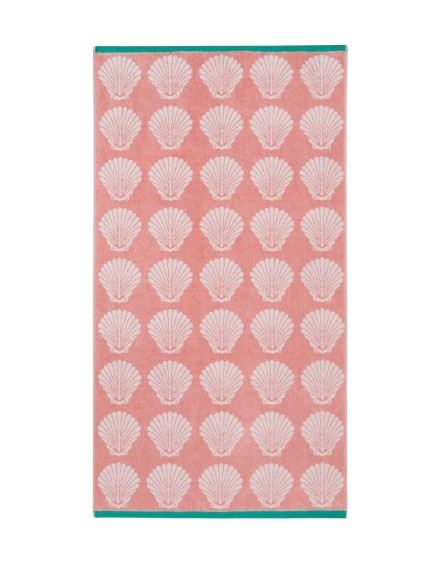 Shells Organic Cotton Beach Towel – pink towel with shell pattern, teal border, white background – beach accessories