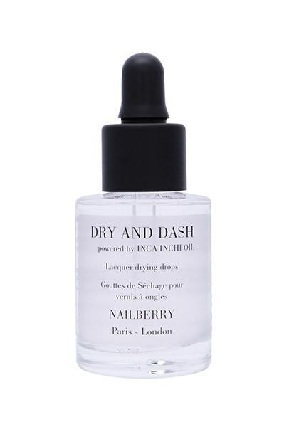 Nailberry Dry & Dash Inca Inchi Oil in einer klaren Glasflasche mit schwarzer Pipette, Nagelpflege