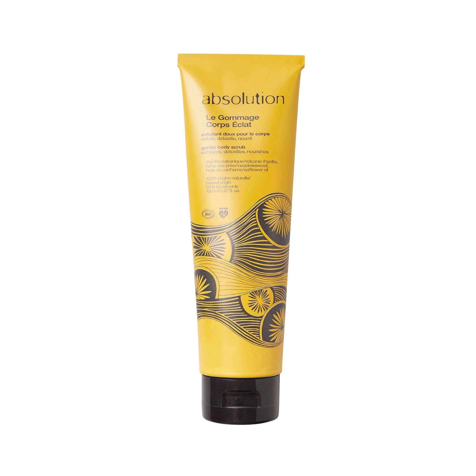 absolution Le Gommage Corps Éclat – gelbe Tube 150ml, schwarzer Deckel, weißer Hintergrund – Körperpeeling