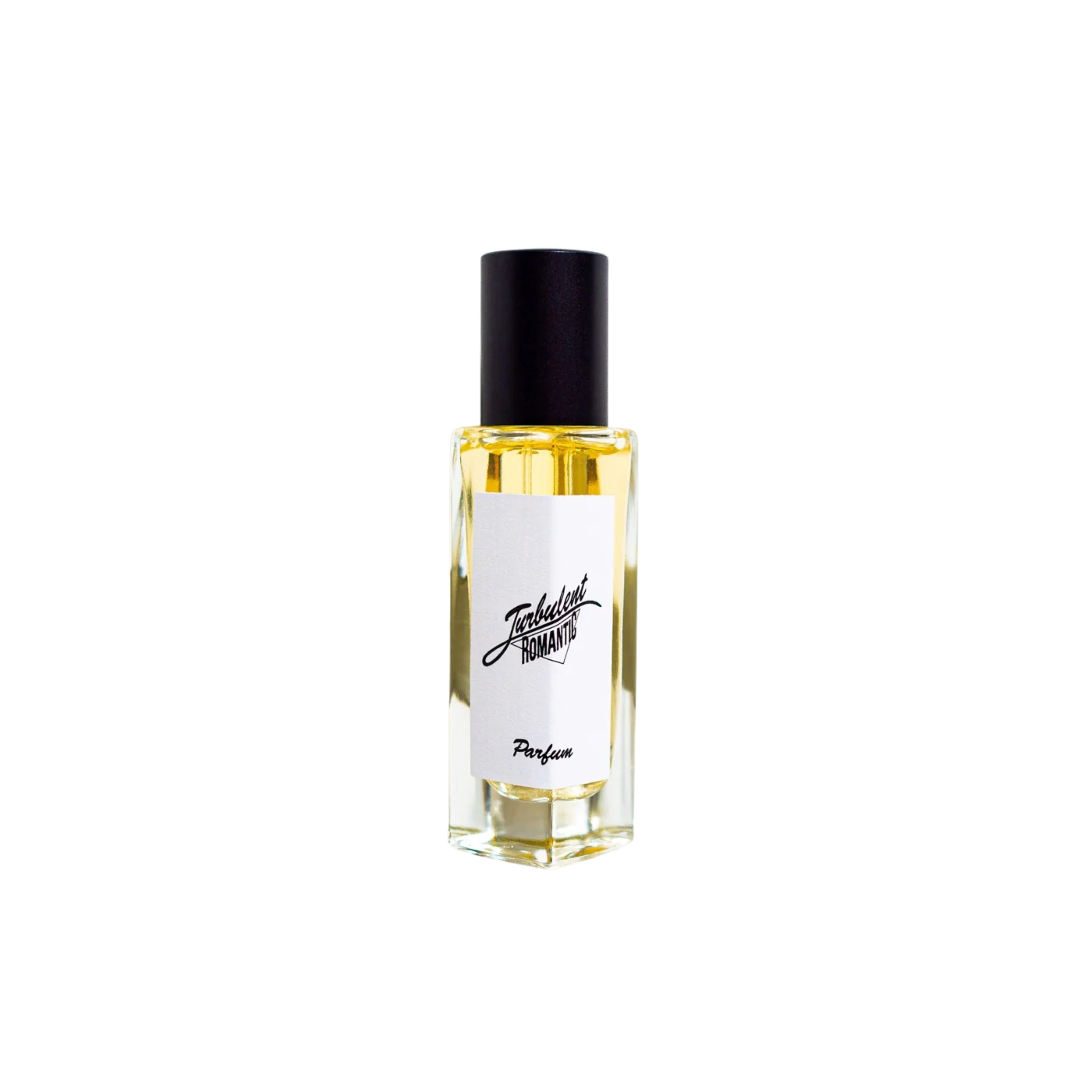 Turbulent Romantic Parfum – klares Glasfläschchen mit schwarzem Deckel, weißem Etikett und goldgelbem Inhalt auf weißem Hintergrund – Parfüm