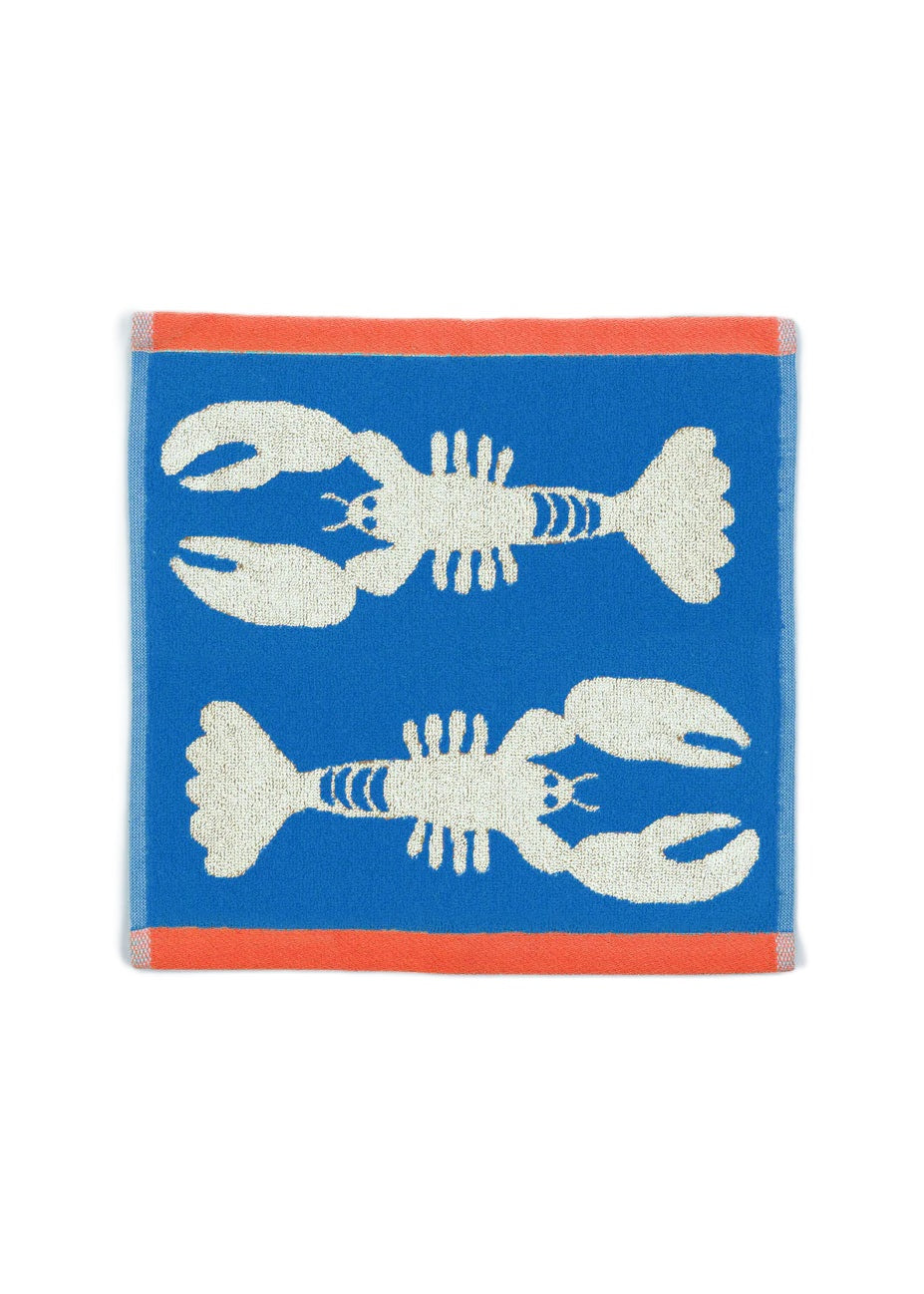 Lobster Blue Bio-Baumwollwaschlappen – blau mit weißen Hummern, orangefarbener Rand, weißem Hintergrund – Gesichtsreinigung
