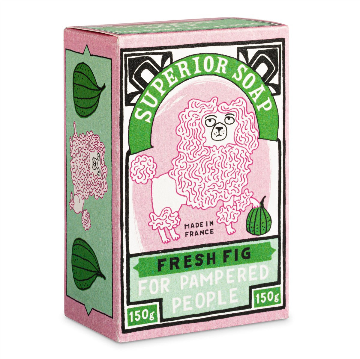 Superior Soap Fresh Fig Handseife – rosa-grüne Kartonverpackung 150g, weißer Hintergrund – Handpflege