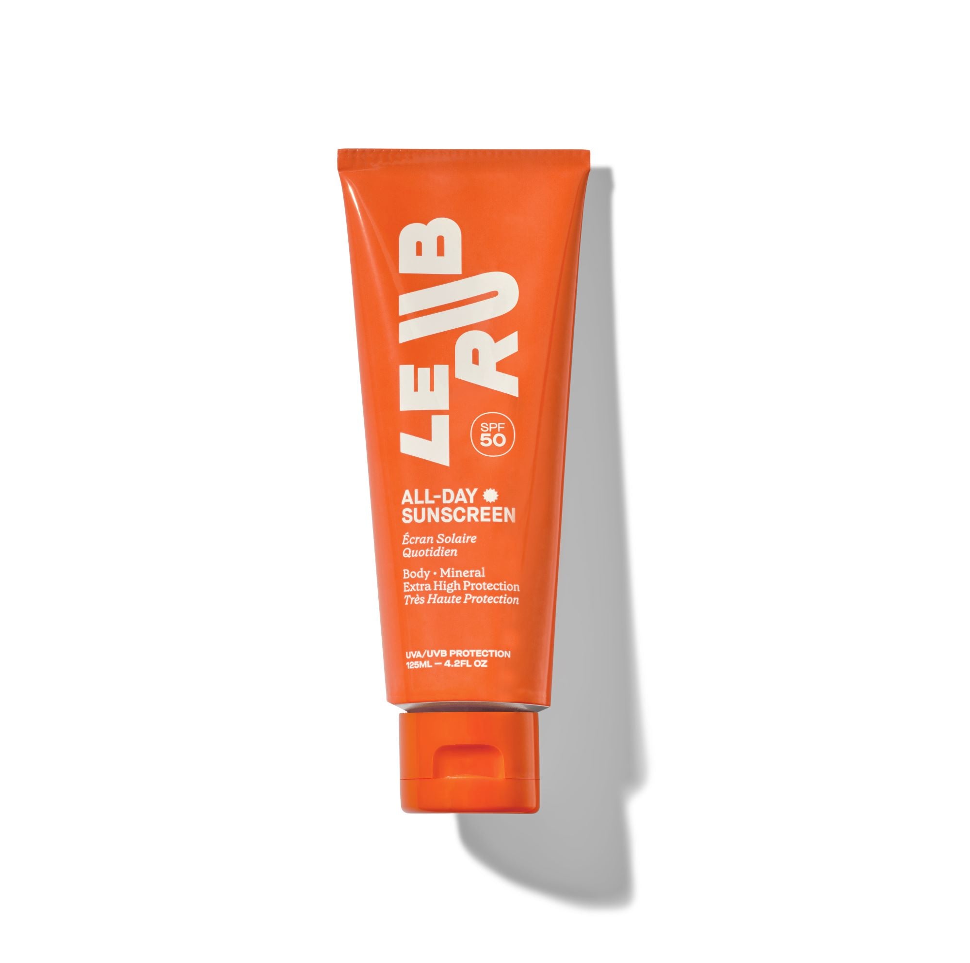 LE/UB All-Day Sonnenschutz SPF50 – orangefarbene Tube 125ml, orangener Deckel, weißer Hintergrund – Hautpflege
