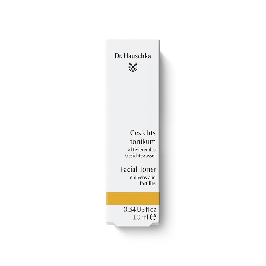 Dr. Hauschka Gesichtstonikum – weißes Karton 10ml, goldener Streifen, weißer Hintergrund – Hautpflege