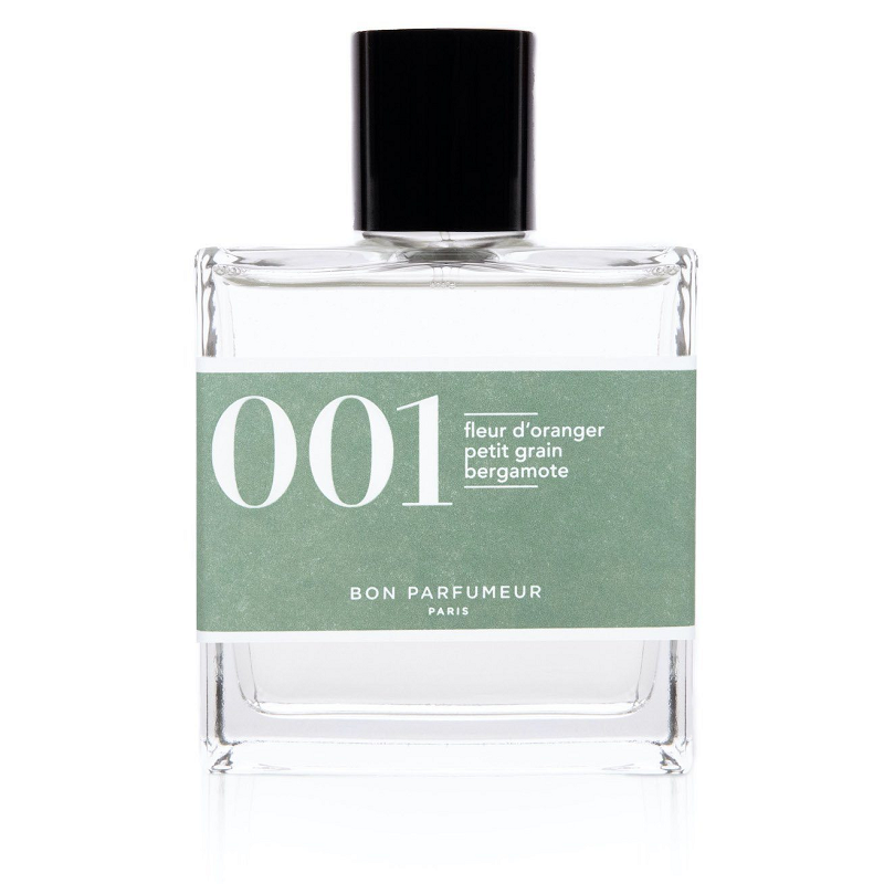 Bon Parfumeur 001 Orange Blossom – klares Glasfläschchen 100ml, schwarzer Deckel, weißer Hintergrund – Parfüm