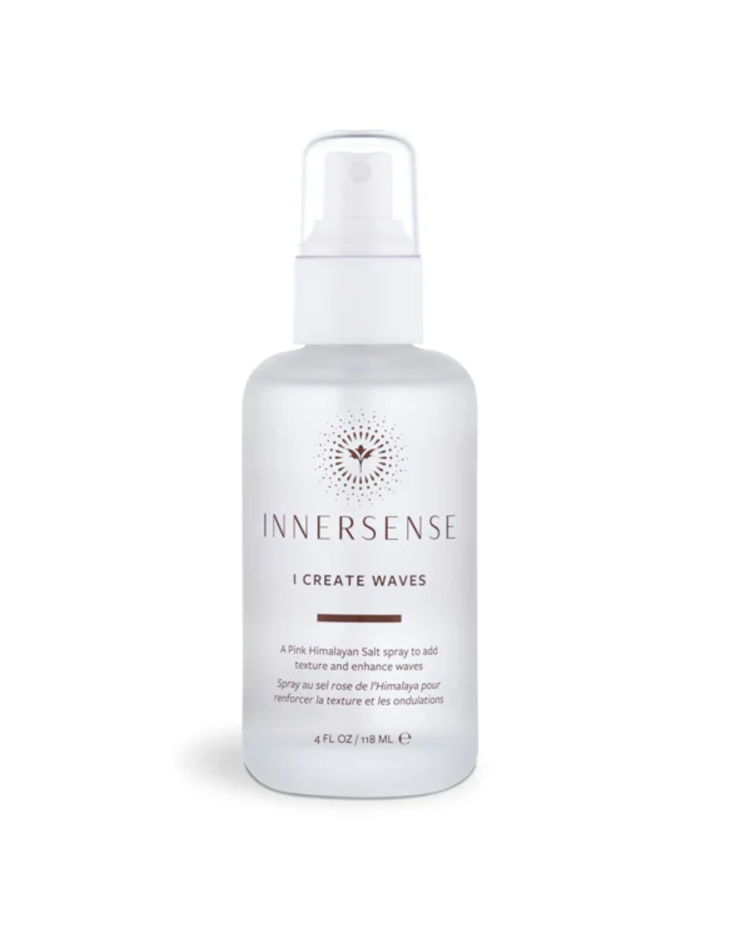 Innersense I Create Waves – durchsichtige Sprayflasche 118ml, weißer Sprühkopf, weißer Hintergrund – Haarpflege