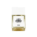Weltschmerz Parfum – square glass bottle with white cap, golden liquid, white background – perfume