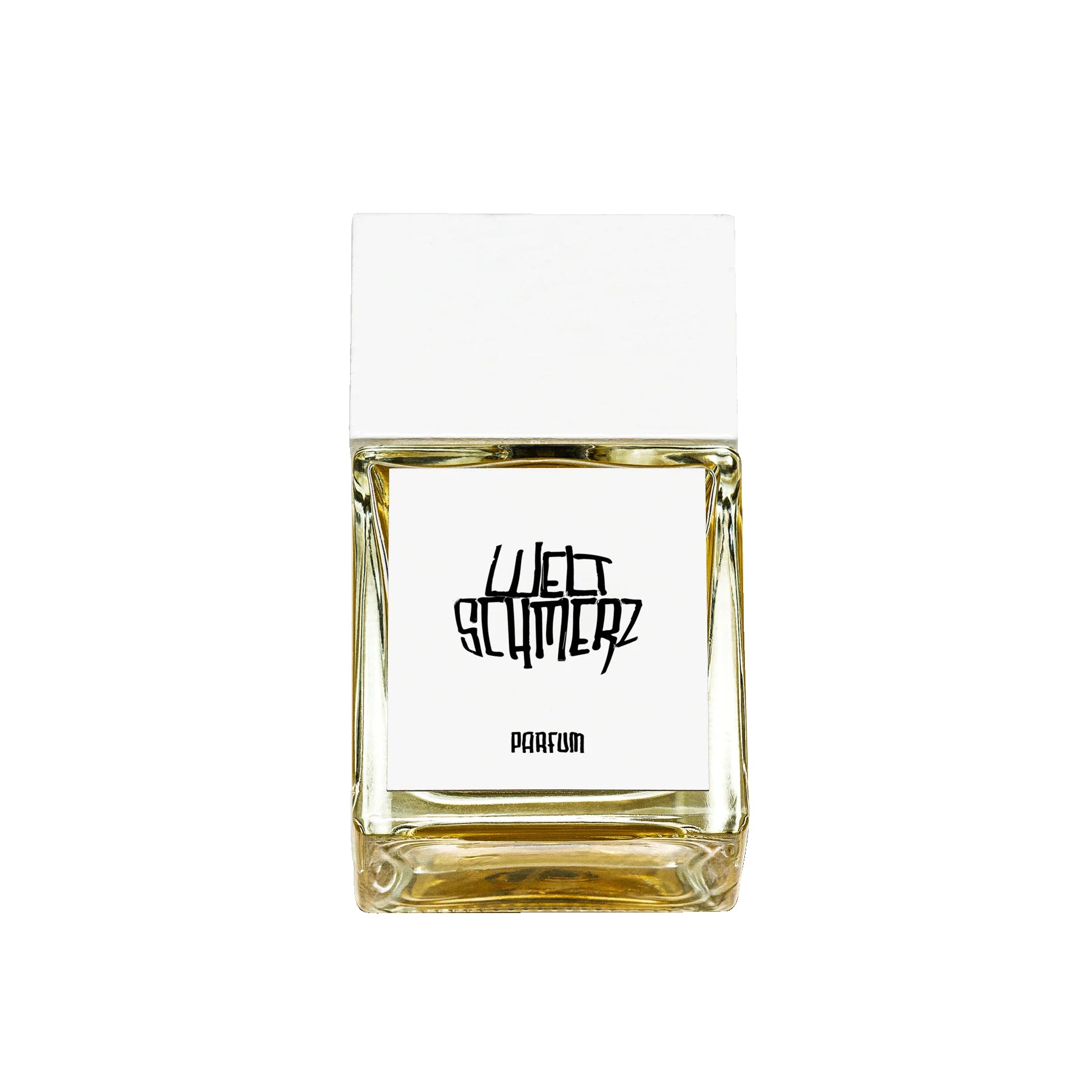 Weltschmerz Parfum – square glass bottle with white cap, golden liquid, white background – perfume
