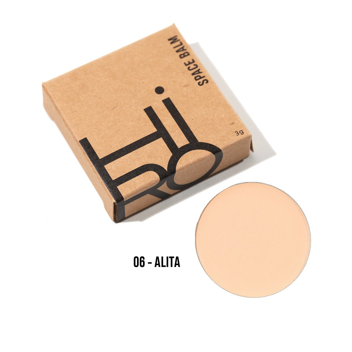 Out of Space Balm #06 Alita Refill – braune Kartonverpackung 3g, beige Balsam, weißer Hintergrund – Gesichtspflege