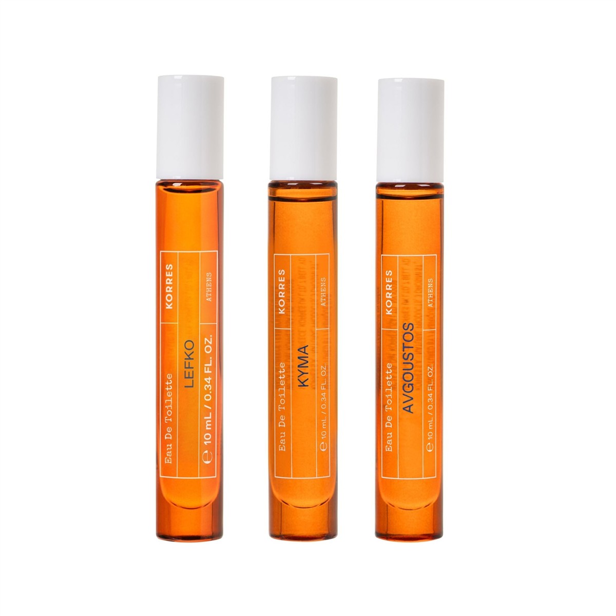 The Greek Collection Eau de Toilette – orange roll-on bottles 10ml, white cap, white background – perfume