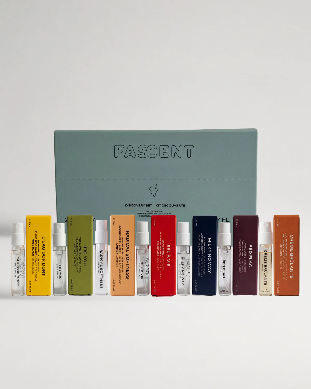 Fascent Discovery Set 7 x 1.2ml – colorful spray vials in front of mint box – perfume samples