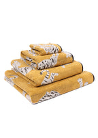 Tigers Organic Cotton Washcloths – yellow cotton cloths with tiger print, white background – bathroom accessories
