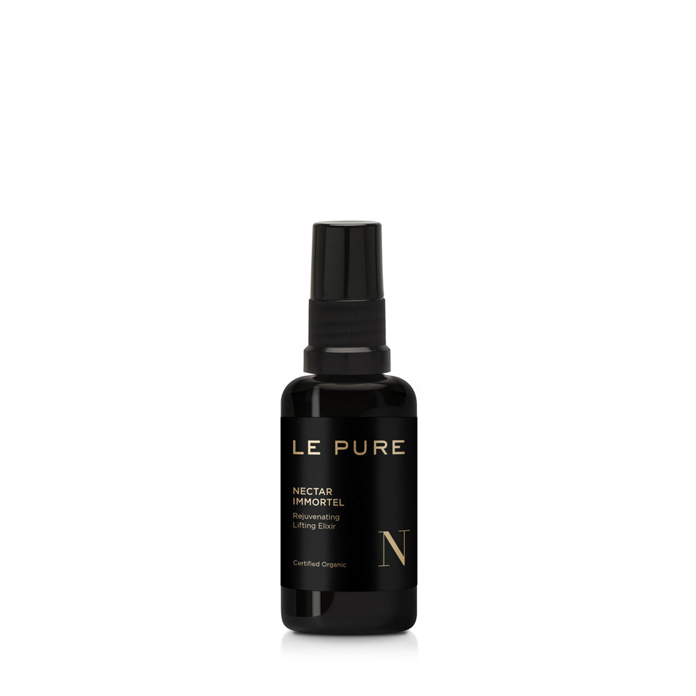 LE PURE Nectar Immortel – schwarze Sprayflasche 30ml, goldene Schrift, weißer Hintergrund – Hautpflege