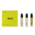 Abel Mini Perfume Set Warm – three 6ml spray bottles, black atomizers, yellow box – perfume