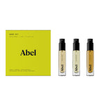 Abel Mini Perfume Set Warm – three 6ml spray bottles, black atomizers, yellow box – perfume
