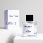 Frau Tonis N°27 Red Cordt Eau de Parfum – clear glass bottle with black cap, white label and background – perfume