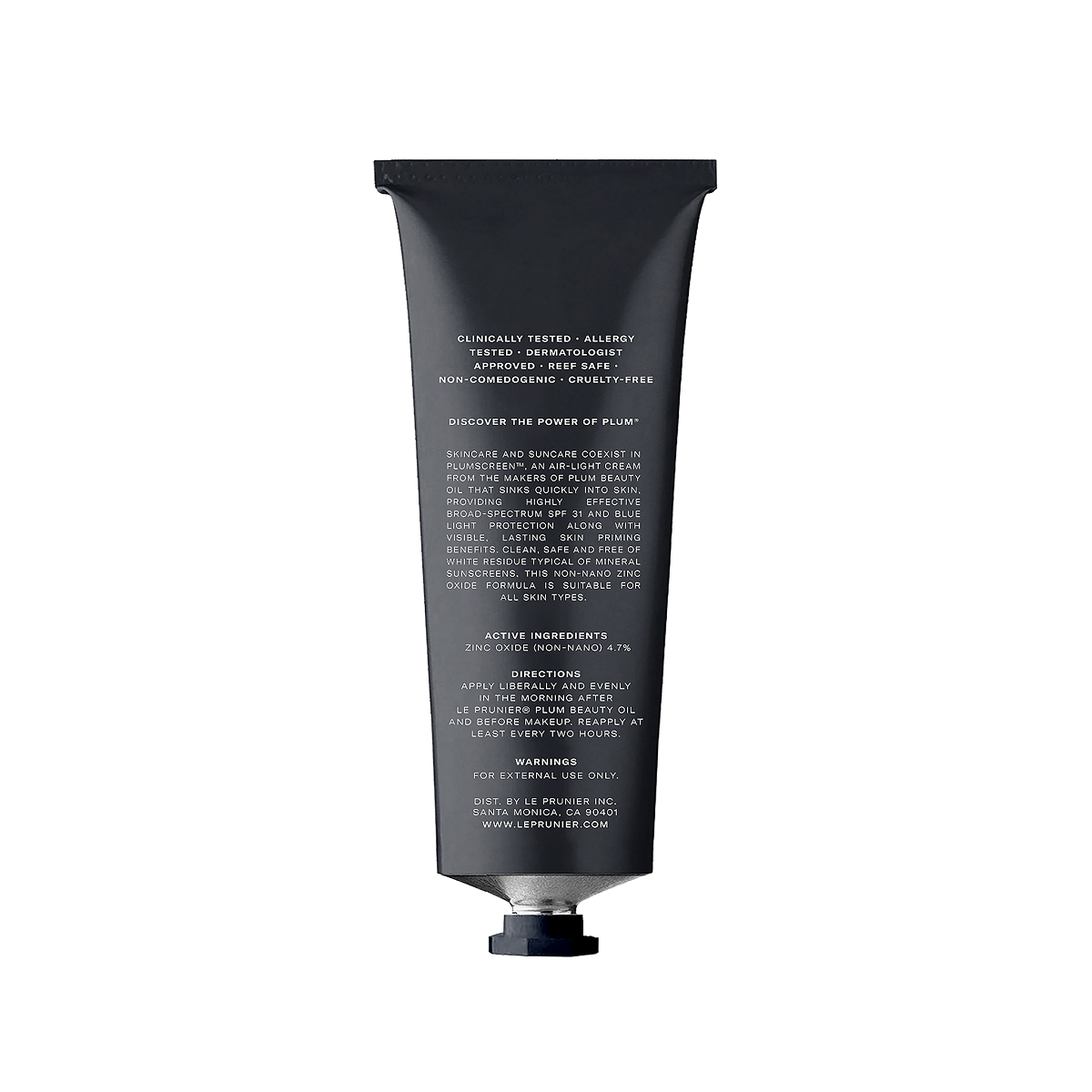 Plumscreen SPF 31 – schwarze Tube mit schwarzem Verschluss, weißer Hintergrund – Sonnenschutz