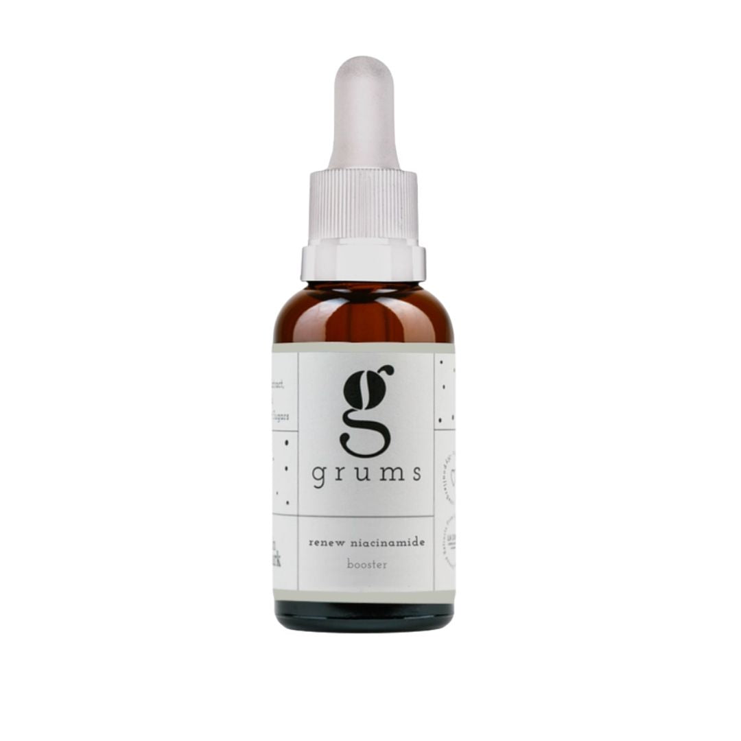 Grums Renew Niacinamide Booster – amber glass bottle with dropper cap, white label on white background – skin care
