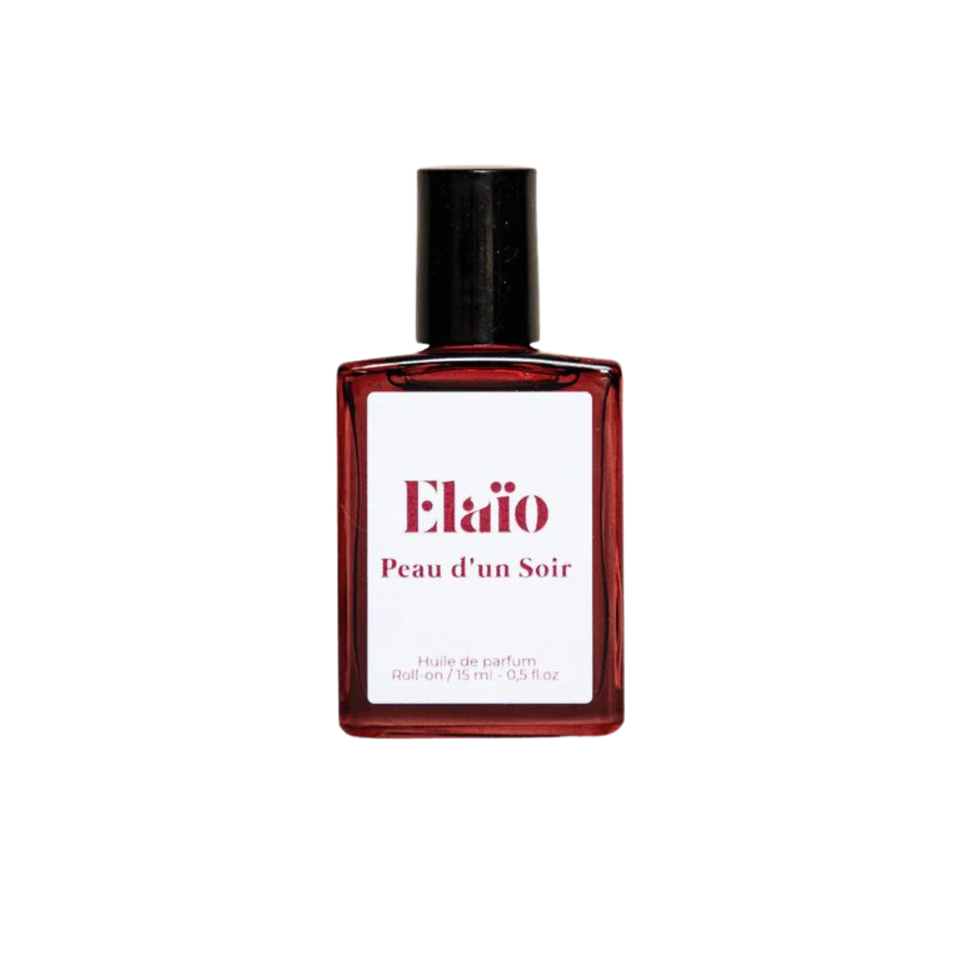 Elaïo Peau d'un Soir Parfümöl – rotes Glasfläschchen 15ml, schwarzer Roll-on-Deckel, weißer Hintergrund – Parfüm