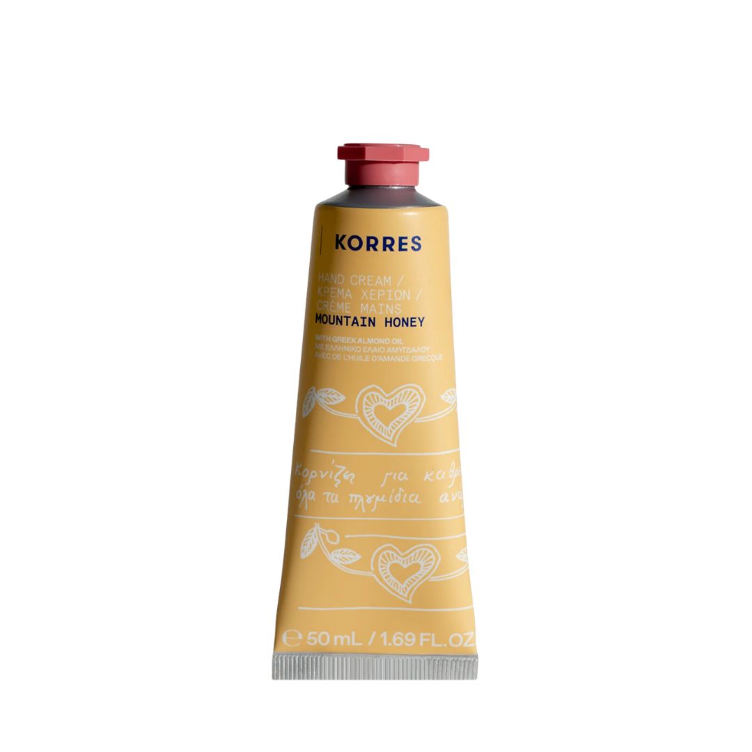 KORRES Hand Cream Mountain Honey – golden tube 50ml, red cap, white background – hand care